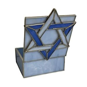 VTG Stained Glass Star Of David Jewelry Trinket Box Blue Handmade Hanukkah Gift